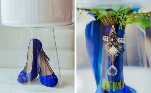 Букет невесты, туфли невесты, Лена и Миша: свадьба в синем цвете